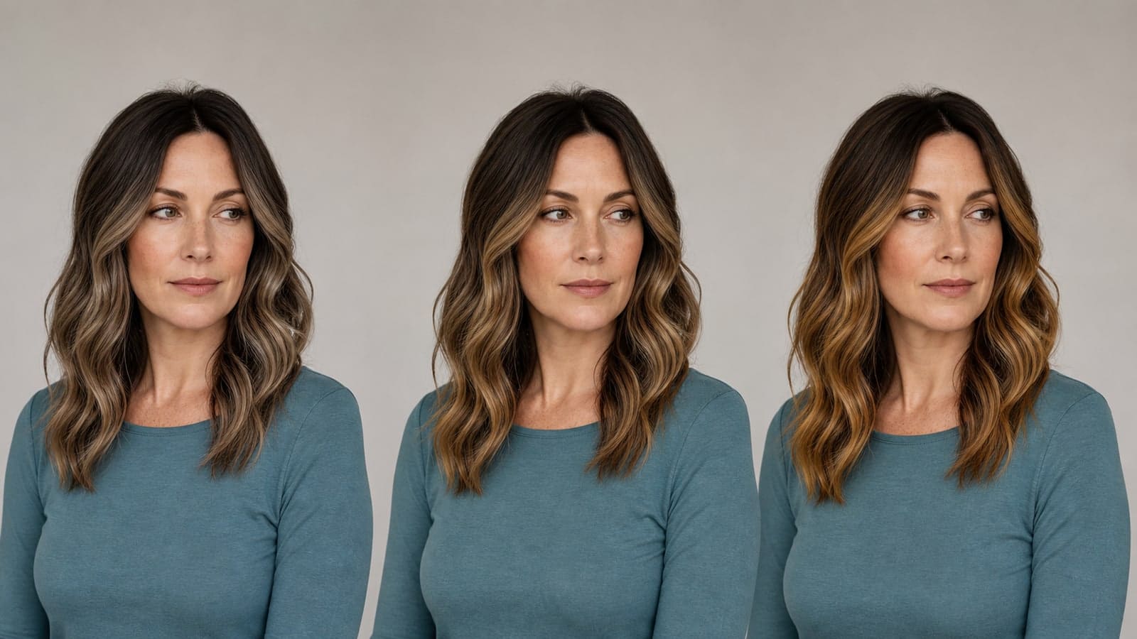 The same freckled brunette model appears three times with identical balayage placement in cool ash-beige, neutral beige, and warm honey-gold tones