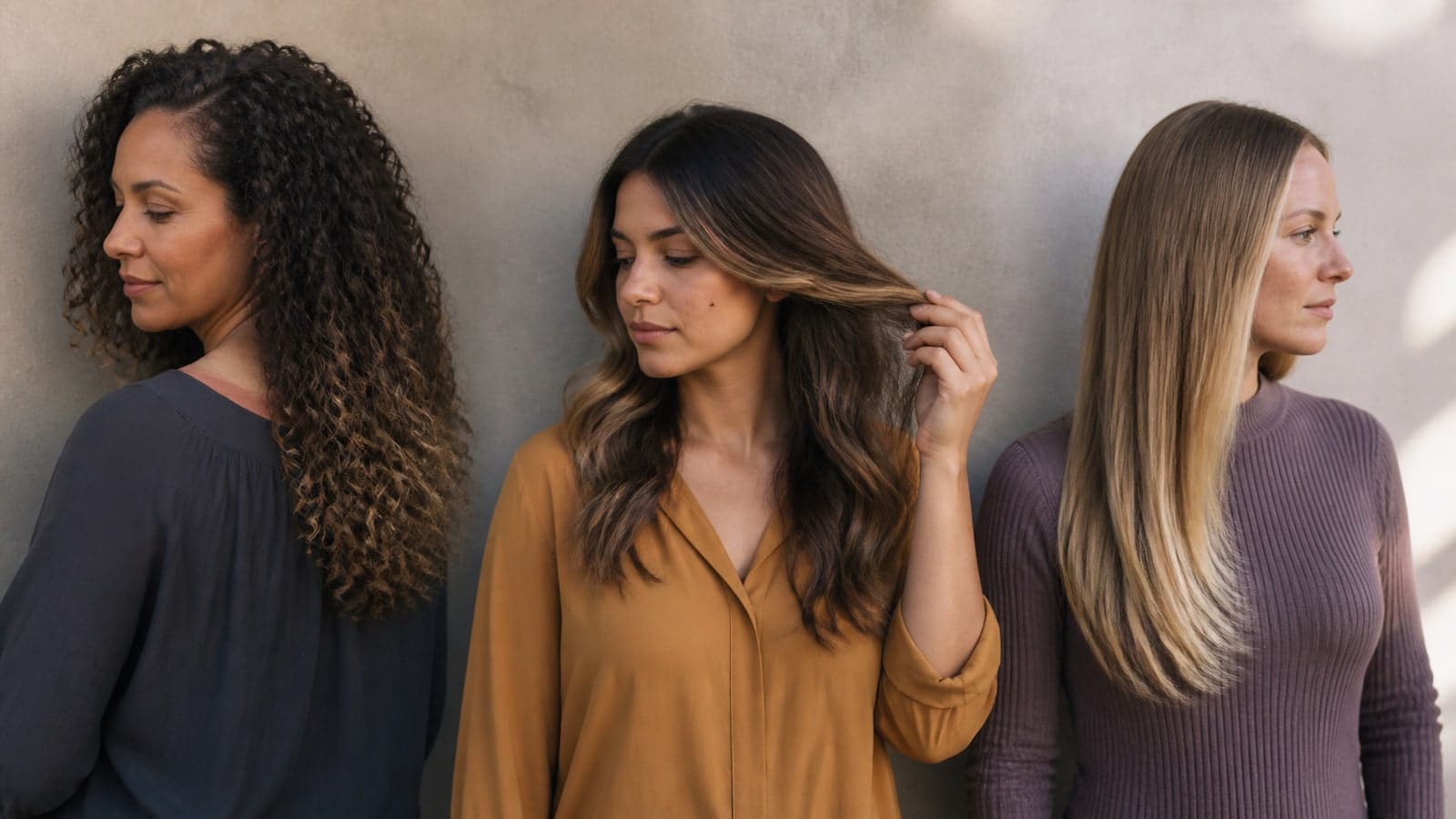 Three women show low-contrast balayage on brunette curls, a brighter caramel face frame on brunette waves, and high-brightness beige ends on straight dark-blonde hair