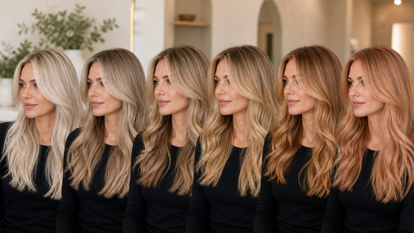 The same model shown in six equal-depth blonde reflections from icy pearl and silver ash through beige and golden to strawberry blonde