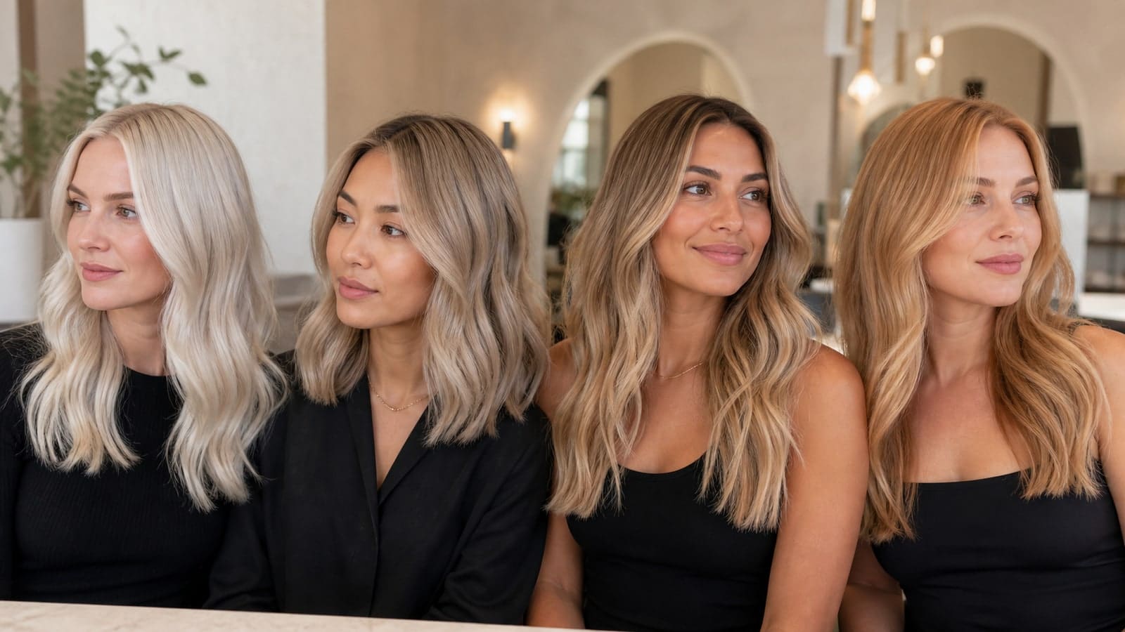 Four clients with light icy pearl, medium ash-beige, rooted neutral beige, and warm strawberry-golden blonde hair in the same salon light