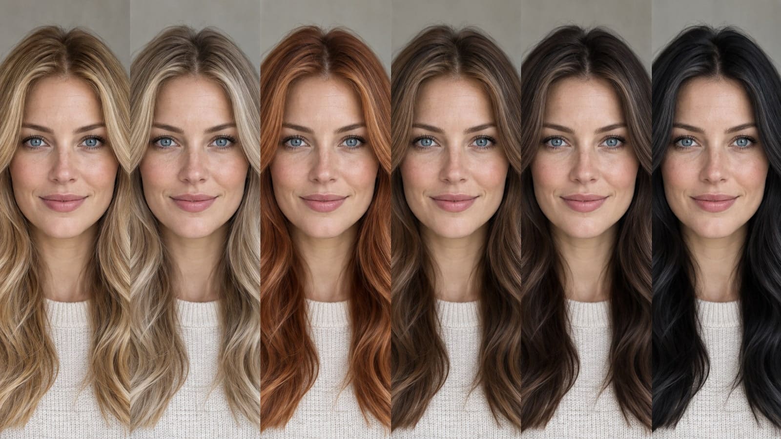 Six matched portraits of one blue-eyed woman with honey blonde, ash blonde, copper, chestnut, espresso, and soft black hair