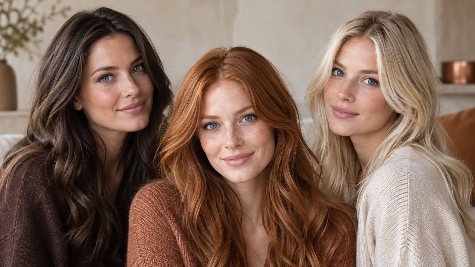 Three blue-eyed women with strawberry copper, dark chocolate brunette, and cool pale blonde hair