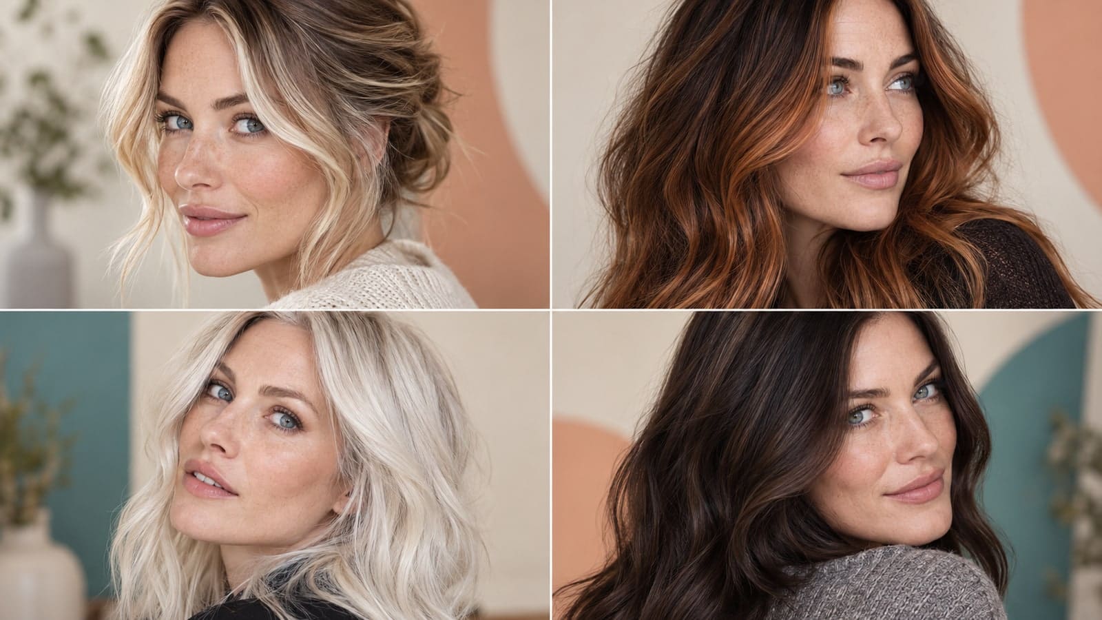 Four close views showing face-framing babylights, copper balayage with a dark root, icy platinum, and glossy cool brunette hair