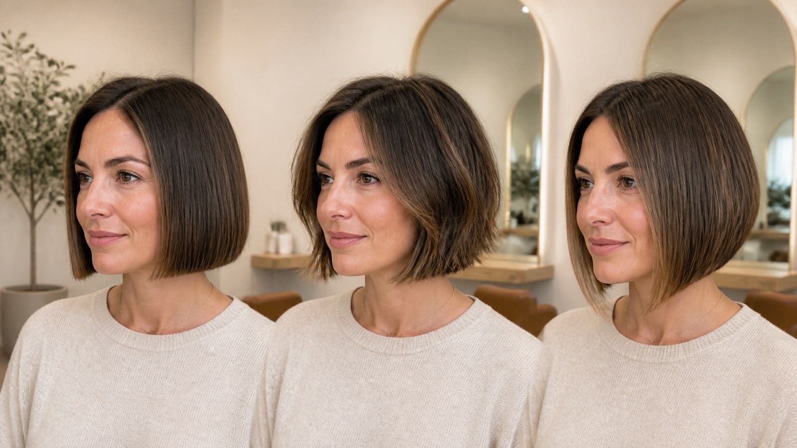 Three views of one adult with a smooth chin-length bob, a textured layered bob, and a longer rounded bob under the same salon lighting