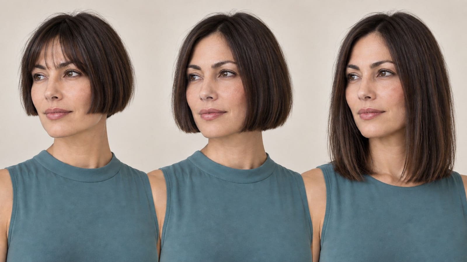 The same adult in three matched studio views with blunt brunette bob perimeters ending near the lips, at the chin, and at the collarbones