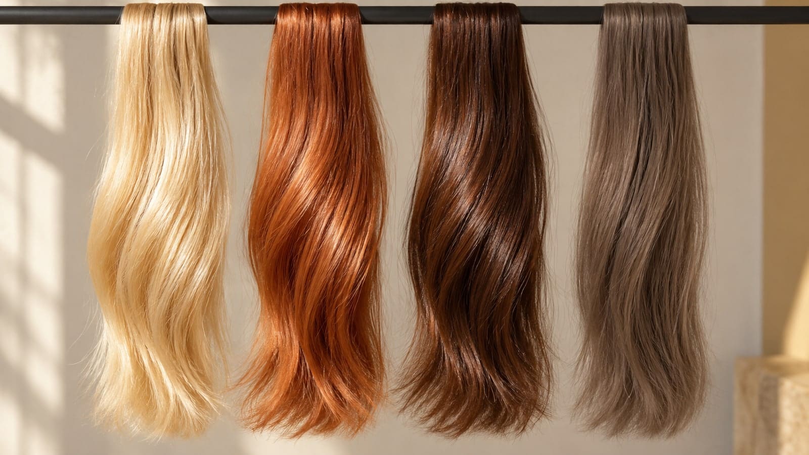 Four hanging hair swatches in sparkling golden blonde, clear copper, glossy warm chocolate, and muted ash brown under neutral side light.