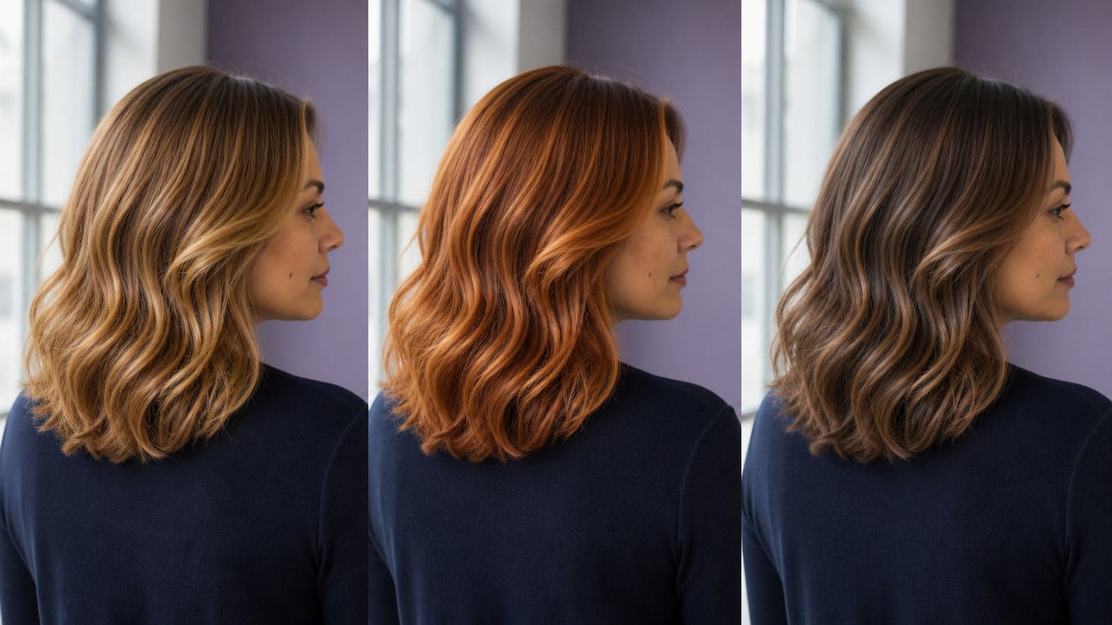 The same woman with shoulder-length waves shown in neutral daylight with clear golden, copper, and cooler brown reflections.