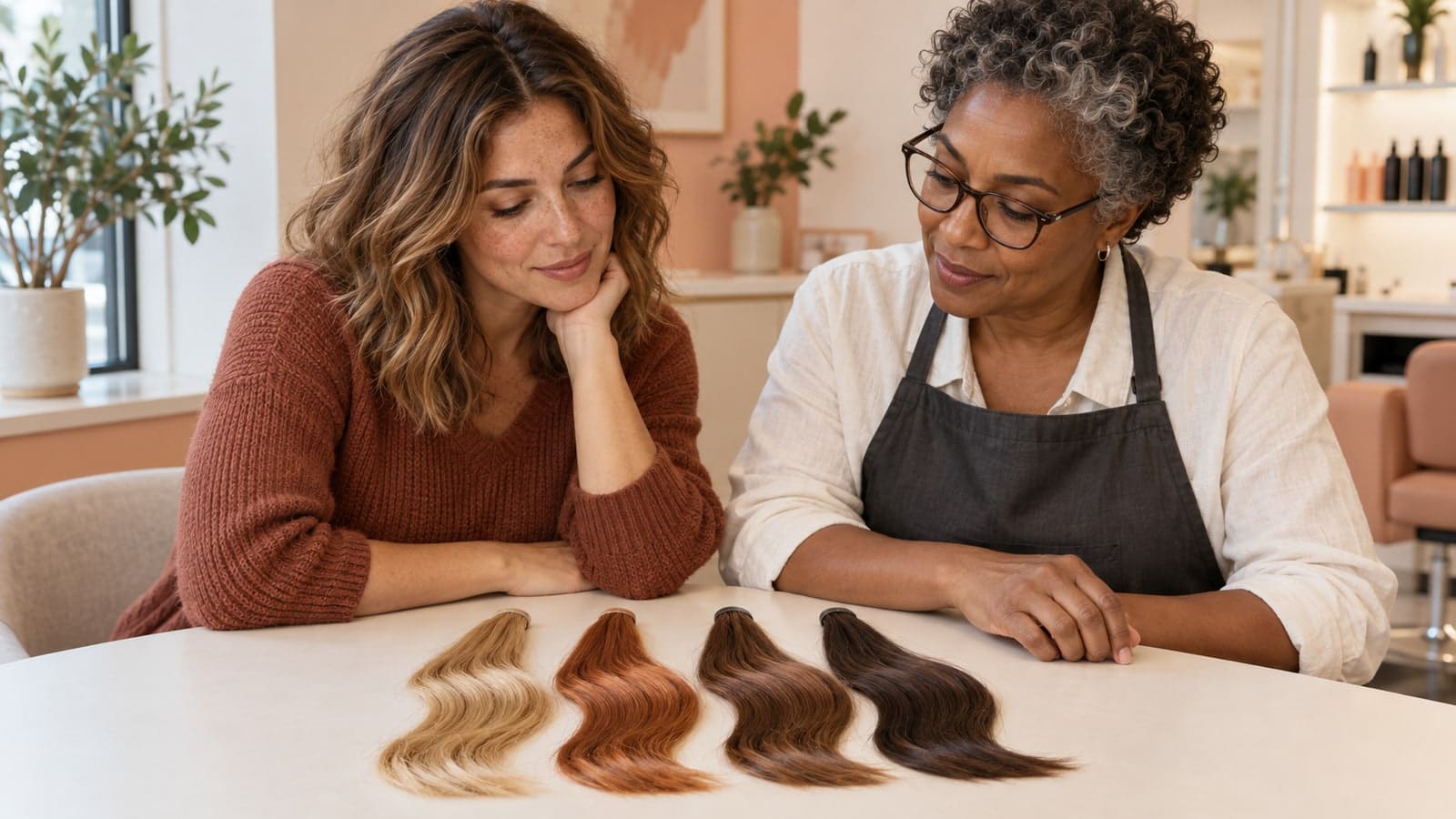 A client and colorist compare loose golden blonde, copper, chestnut, and dark chocolate hair swatches on a salon table.