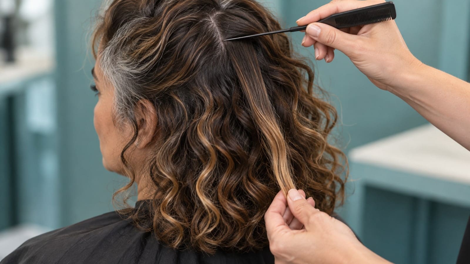 A colorist uses a tail comb to separate a warm brunette curl with darker roots, caramel ribbons, and lighter reflective ends.