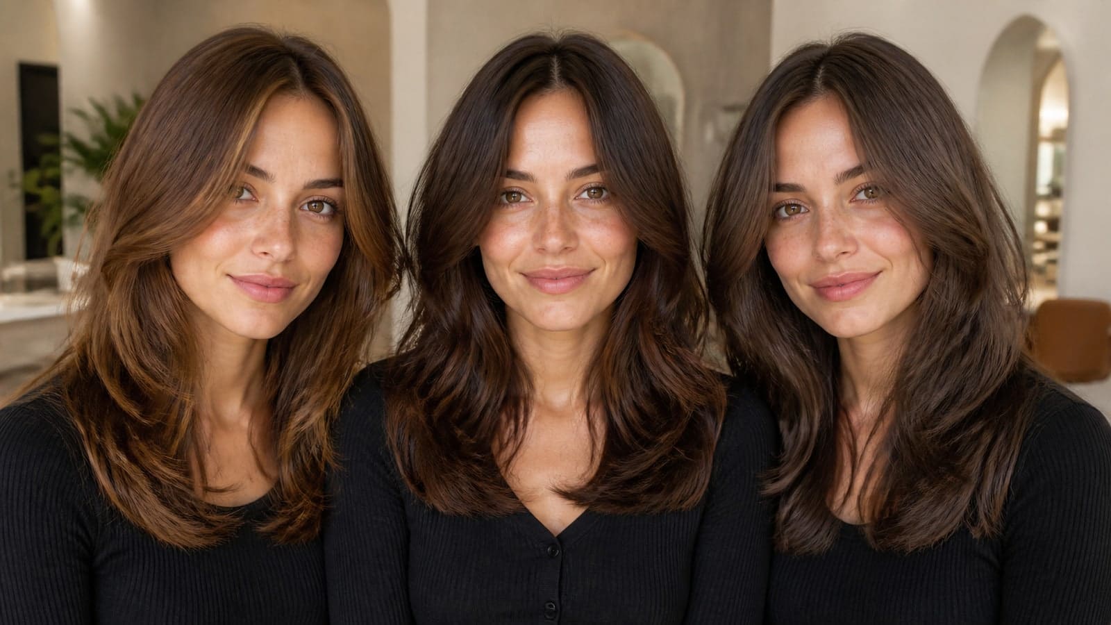 One model shown at similar brunette depth with warm chestnut, balanced chocolate, and cool mushroom-mocha reflections