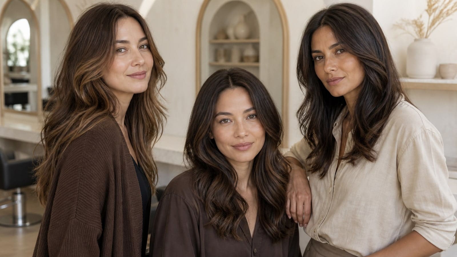 Three adults with light chestnut, medium chocolate, and deep espresso brunette hair in the same neutral salon light