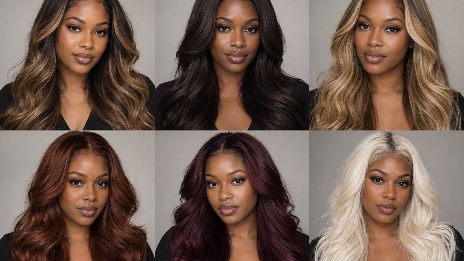 Six matching portraits show caramel balayage, dark chocolate, rooted honey blonde, copper bronze, burgundy, and pale platinum against brown skin