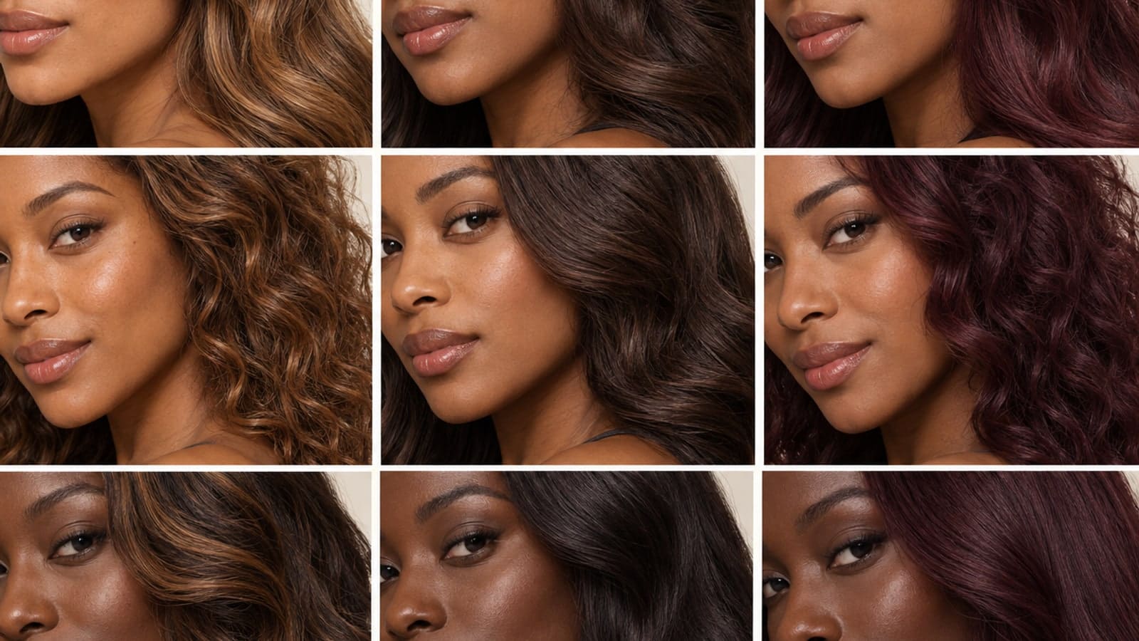 Nine hair-and-skin close-ups arranged from lighter to deeper brown skin, with golden, neutral brown, and red-violet hair reflections across each row