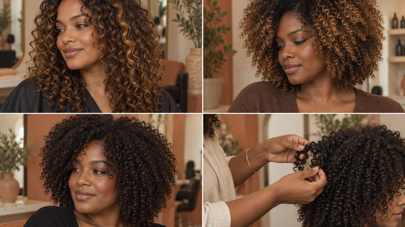 Four views show caramel ribbons on loose curls, toffee balayage on tighter curls, dark chocolate coils, and a stylist separating a coil during consultation