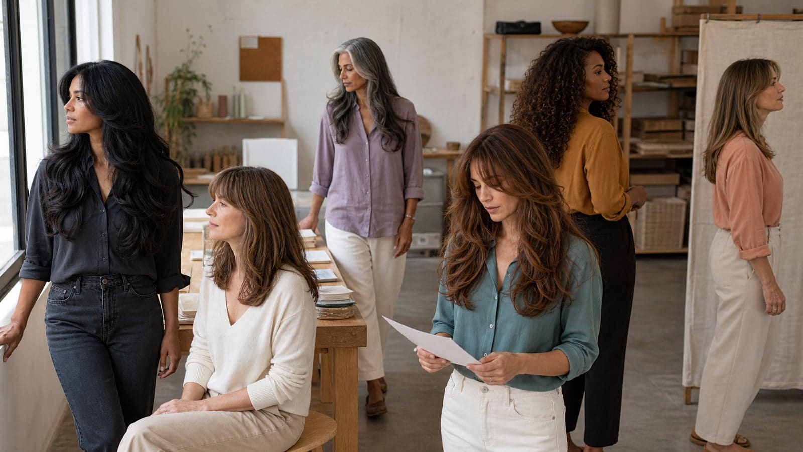 Six adults showing long, medium, soft, curtain-bang, dense-hair, and low-density butterfly haircut variations in one daylight studio