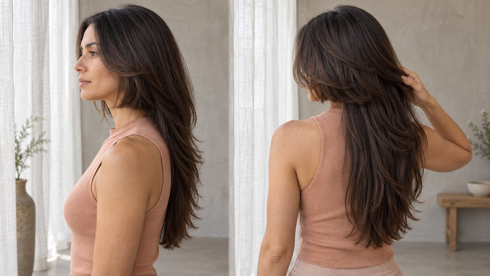 Matched profile and back-three-quarter views of one brunette butterfly cut showing a chin-length upper layer tier above a full perimeter that finishes below the shoulder blades