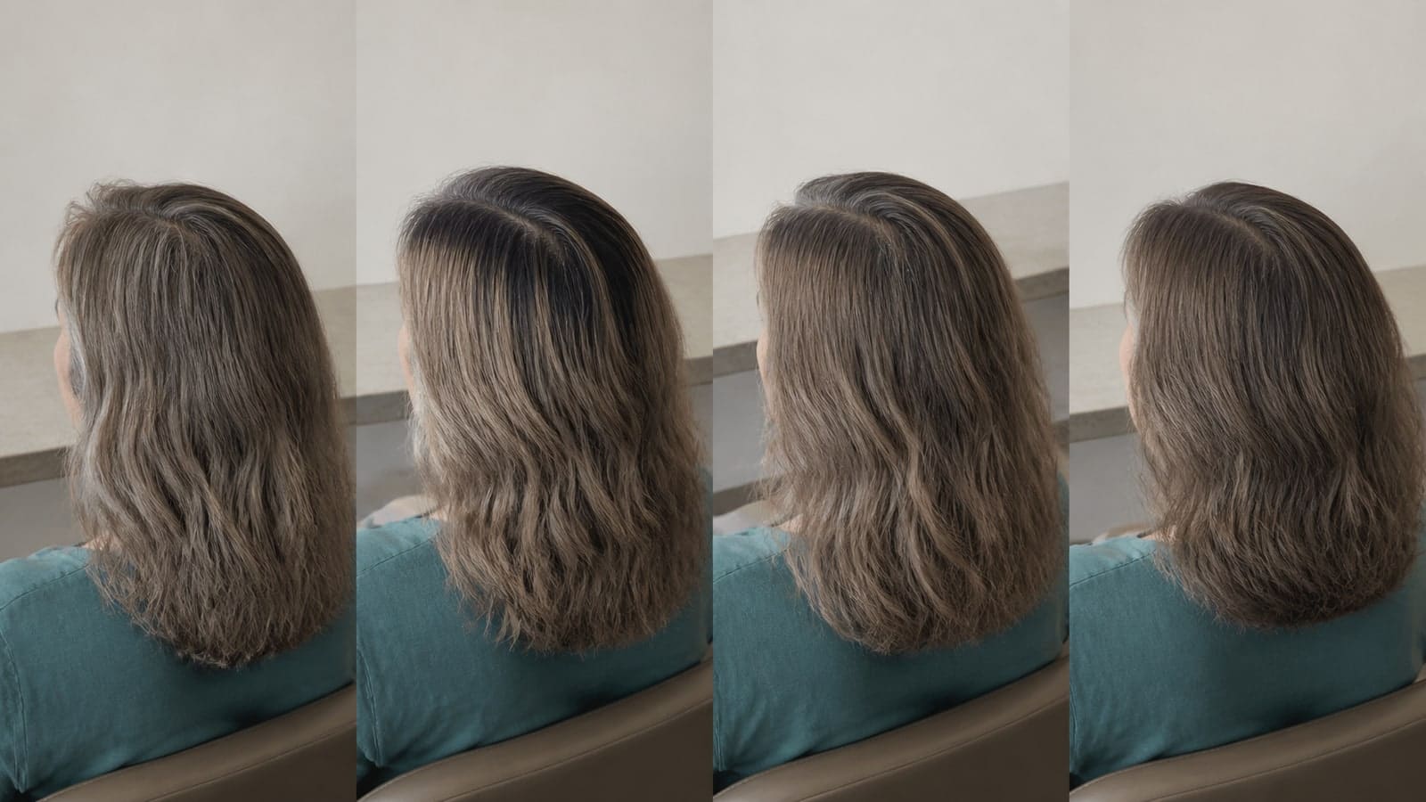 Four crown-to-shoulder hair studies showing a soft cool root, stronger dark-root contrast, faded beige warmth, and refreshed taupe-cocoa dimension in matched daylight