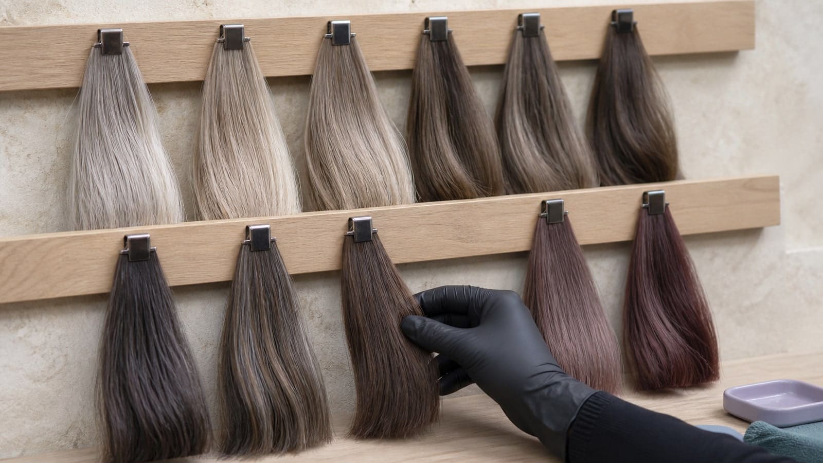 Eleven hair swatches moving from pearl and ash blonde through smoky taupe, cool cocoa, dark brunette, and muted rose-brown under neutral light