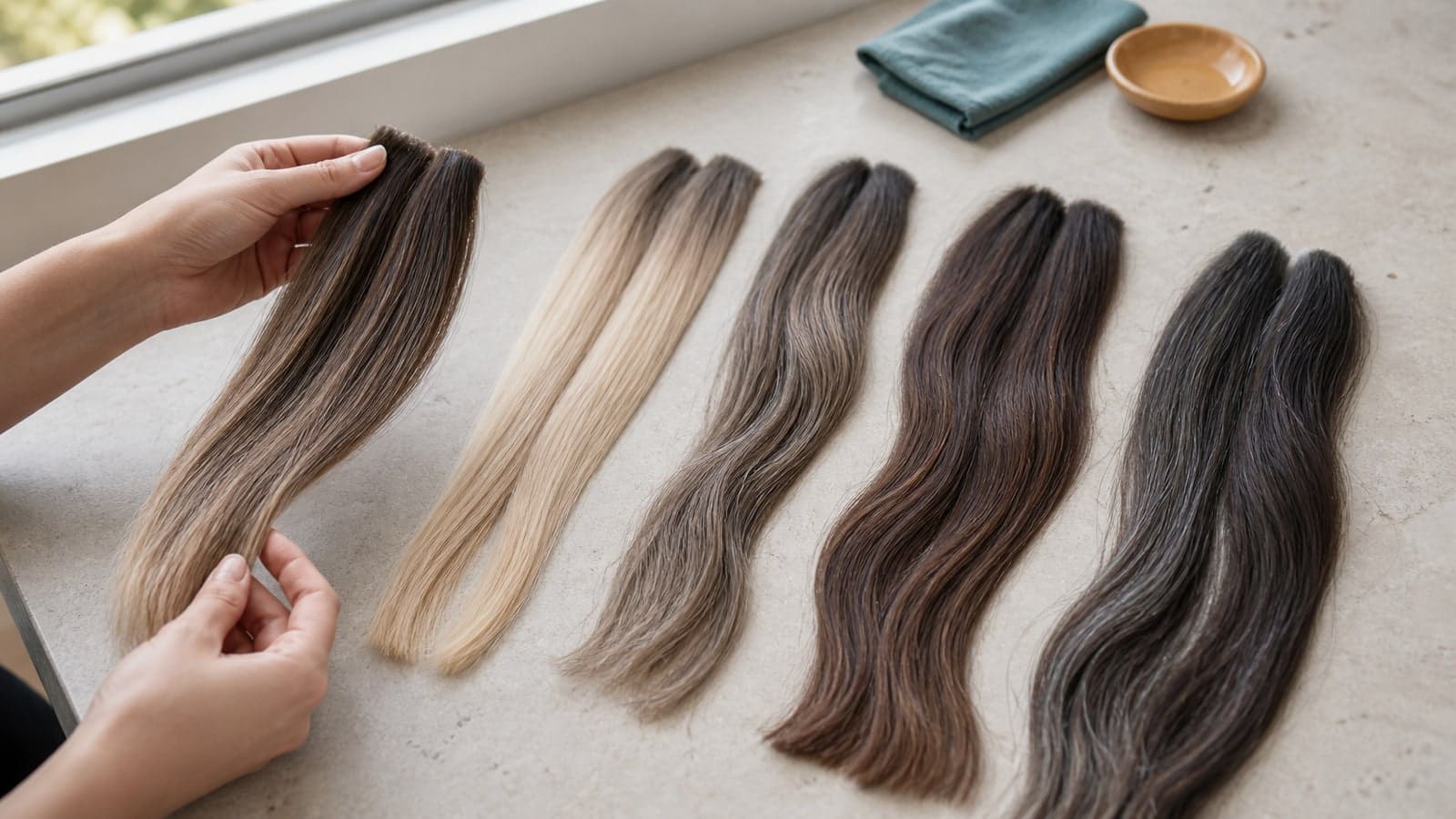 Paired human-hair tresses showing light blonde, dark blonde, brunette with older warm color, and deeper brunette with gray strands beside cool target directions