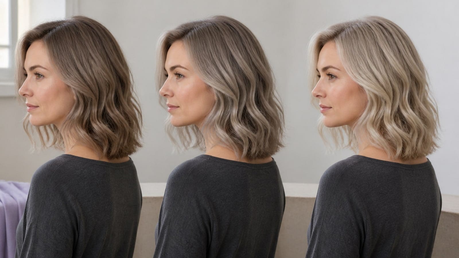 The same wavy hairstyle shown in cool ash-beige and cocoa, softer taupe mushroom, and lighter pearl-beige directions under matched neutral daylight