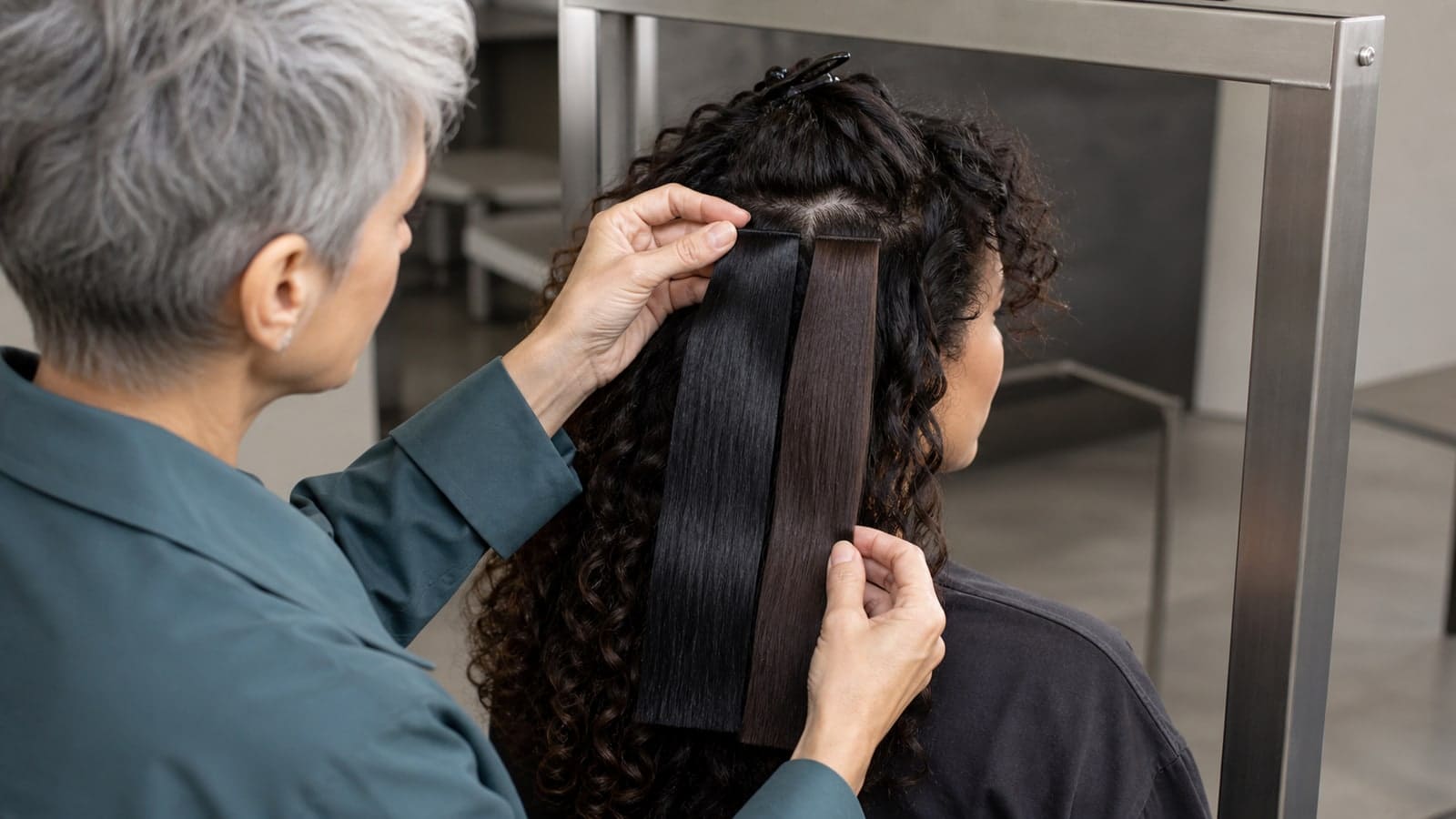 Colorist aligns reflective soft black and cool espresso hair references beside a client's untouched dark cool-brown root
