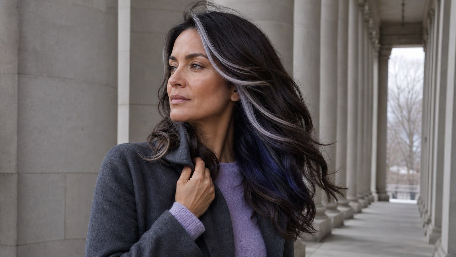 Woman turning in neutral daylight with cool espresso waves, narrow icy face-framing ribbons, and a blue-violet underlayer