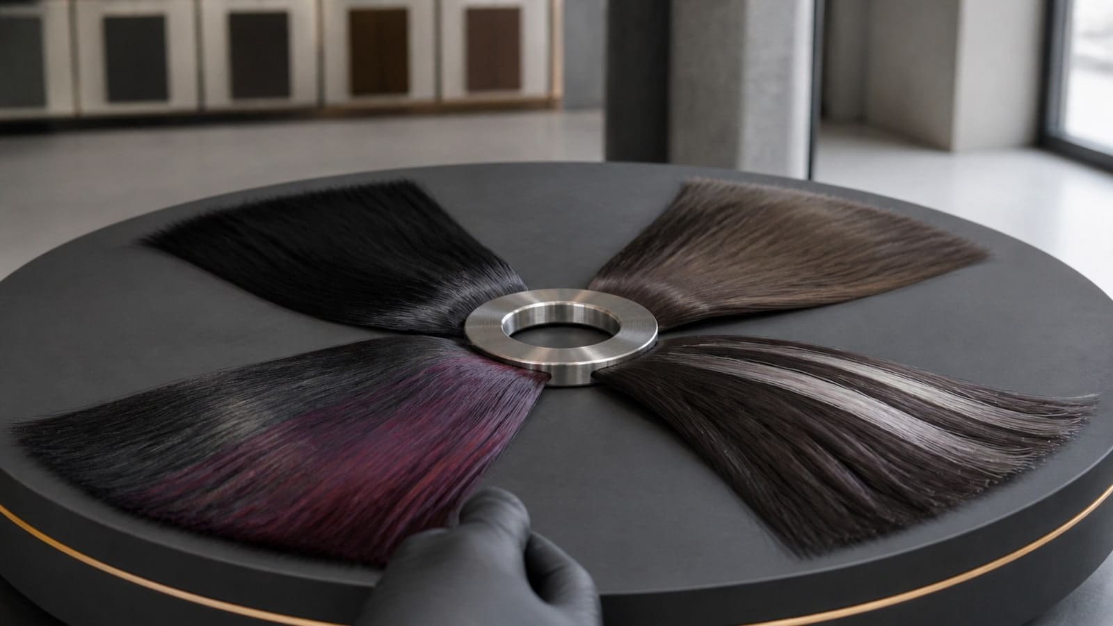 Four real-hair sections in soft black, cool espresso, blue-violet burgundy, and dark cool brunette with narrow icy ribbons under one neutral light