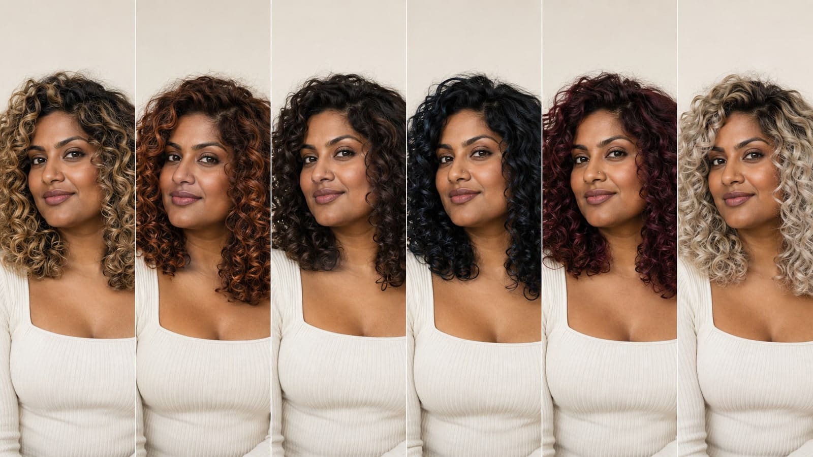 Six portraits of one woman with dark skin compare rooted honey blonde, copper bronze, dark chocolate, blue-black, ruby burgundy, and rooted platinum curls