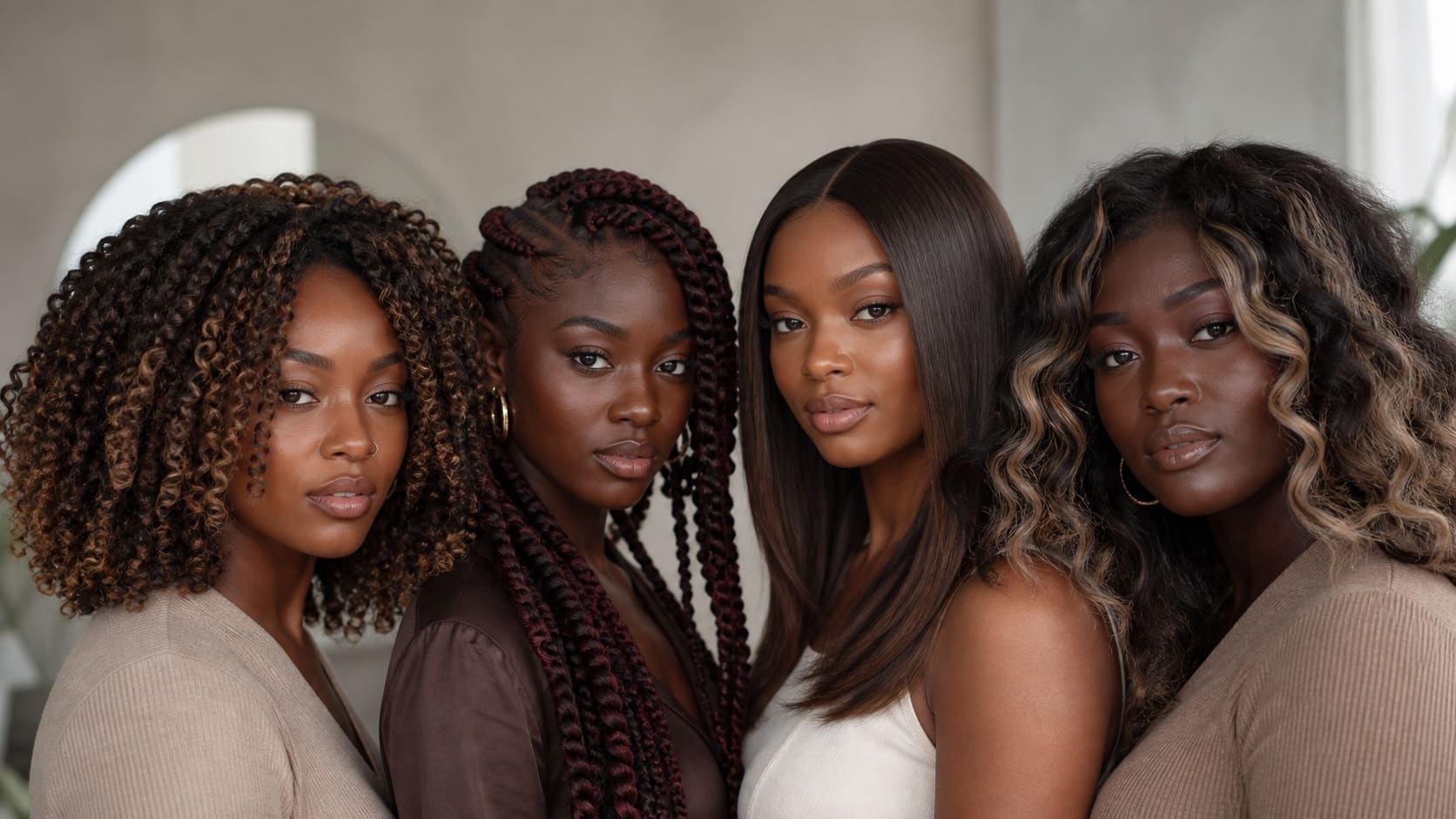 Three women with dark skin show rooted honey blonde balayage, glossy blue-black curls, and ruby burgundy waves