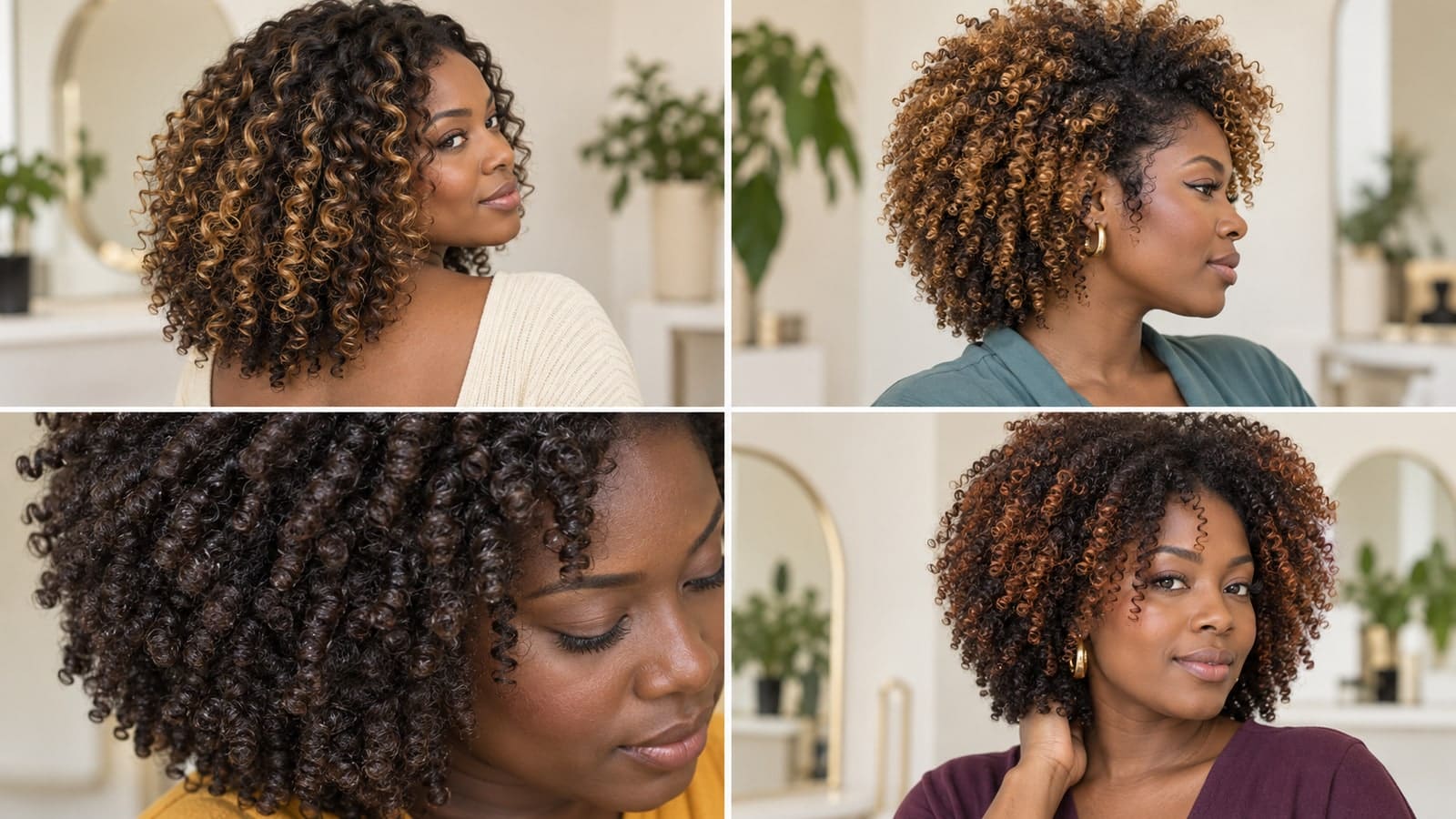 Four women with dark skin and textured hair show honey curl ribbons, a deep shadow root, reflective espresso coils, and copper-bronze face-framing highlights