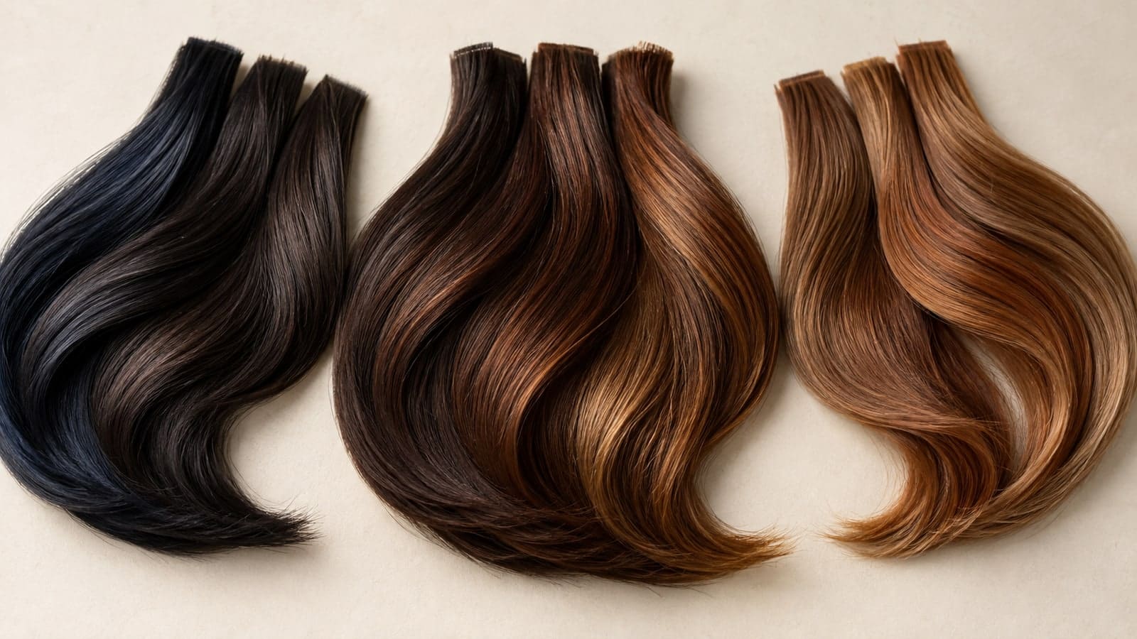 Three groups of hair swatches move from cool near-black to deep warm brown and medium copper brown