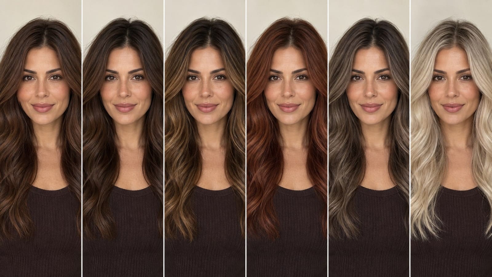 The same woman shown in six portraits with chestnut, dark chocolate, toffee brunette, terracotta auburn, ash brown, and platinum hair
