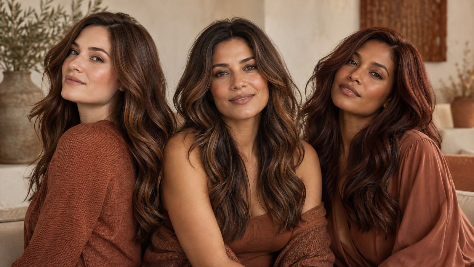 Three women with dark chestnut, spiced chocolate with toffee ribbons, and warm mahogany hair