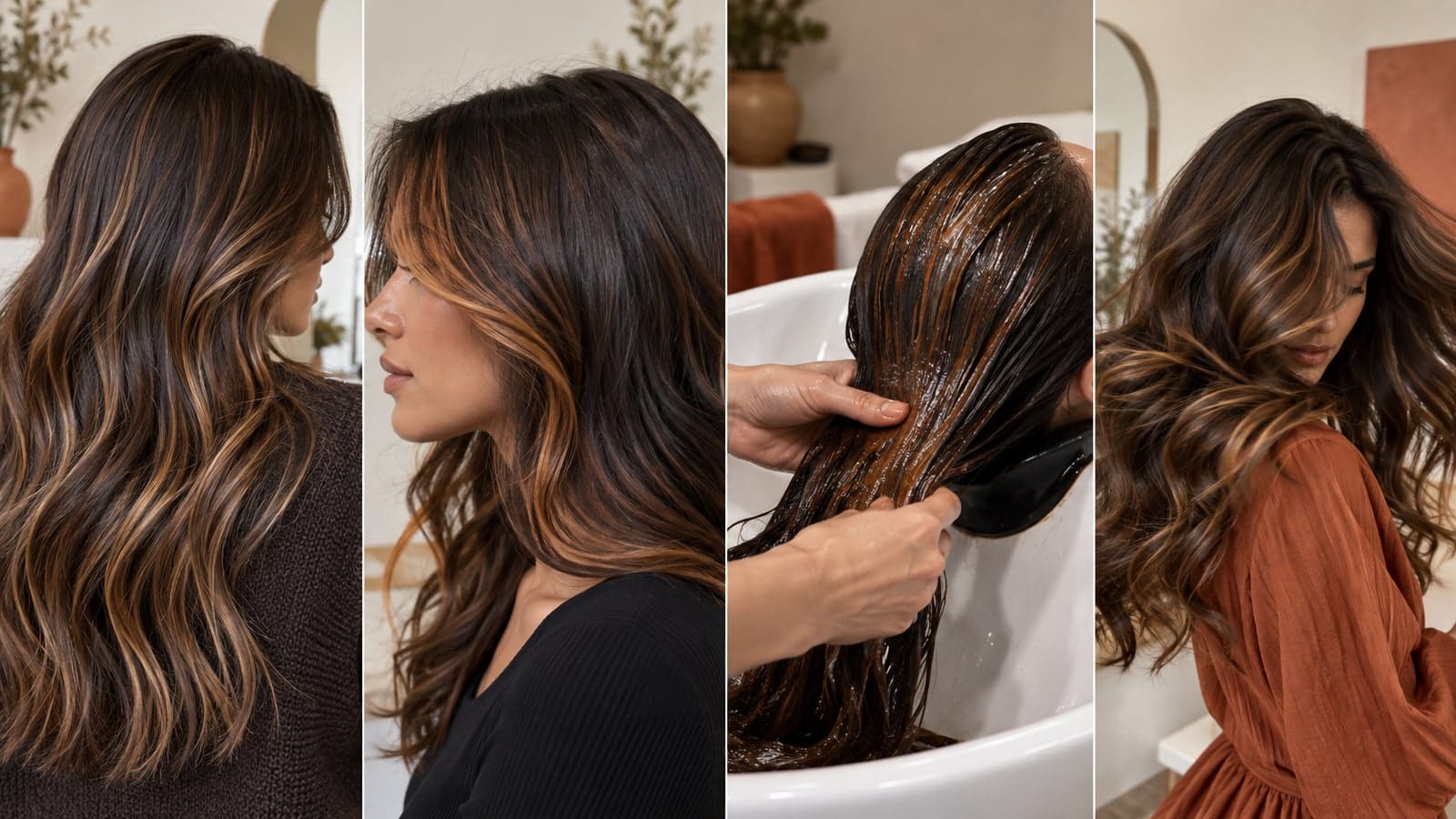 Four views show toffee ribbons, copper face framing, warm gloss application, and highlighted brunette waves