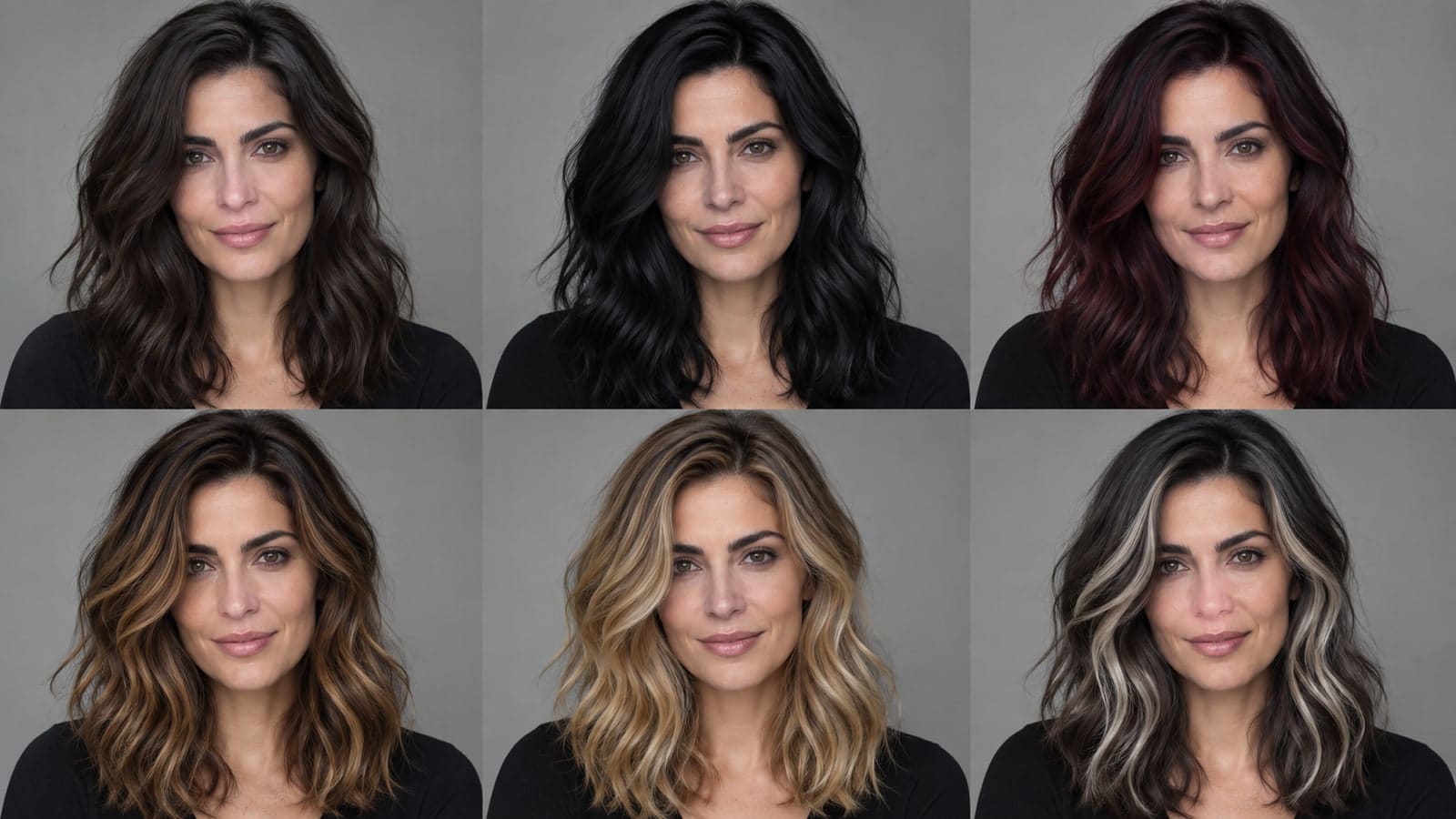The same woman in six panels with cool espresso, jet black, black cherry, caramel balayage, golden blonde, and dark hair with icy ribbons