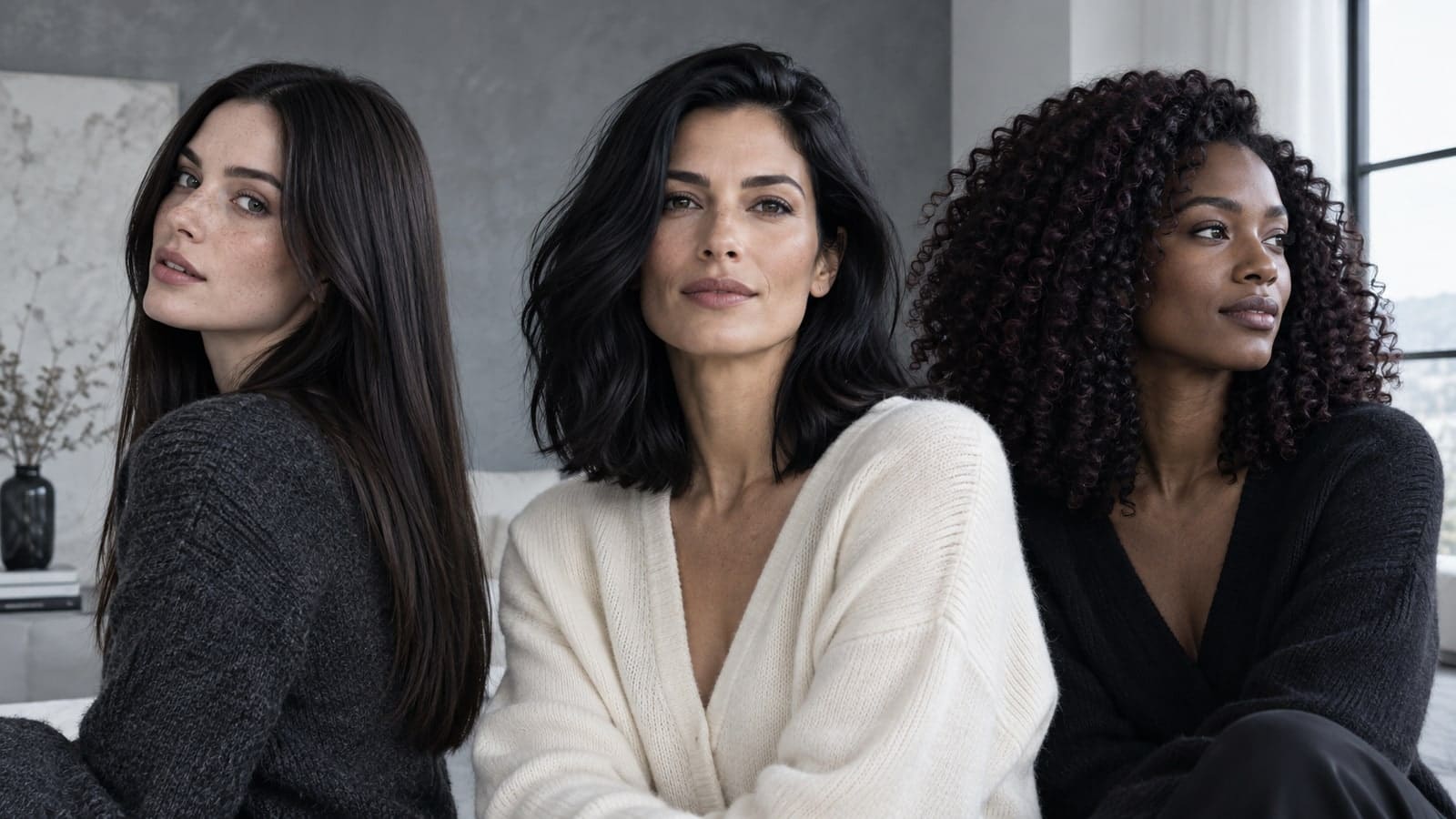 Three women with long cool espresso hair, shoulder-length jet black hair, and coily black-cherry hair