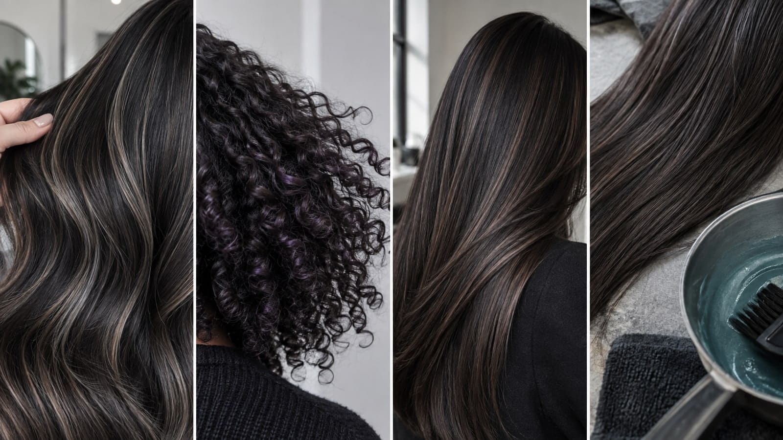 Four close views of dark hair showing fine icy ribbons, violet curls, cool mocha strands, and a colorist's blue-green mixing bowl