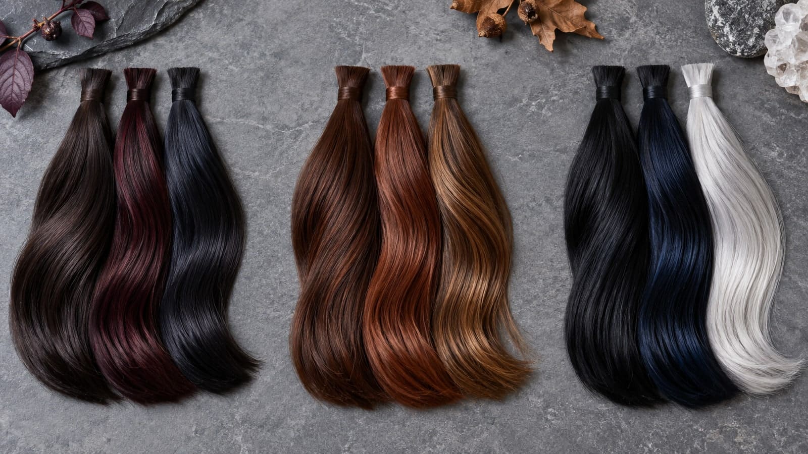 Three groups of hair swatches: cool dark espresso and black cherry, warm chestnut and copper brown, and black with icy silver