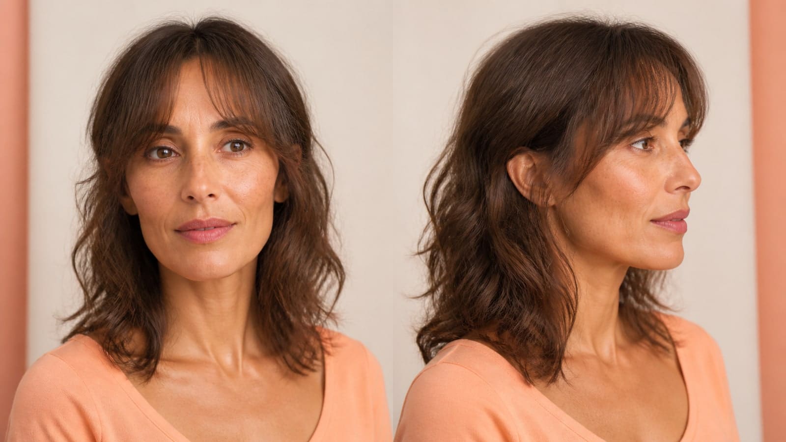 Two views of the same diamond-like face showing airy curtain-wispy fringe, center opening, temple connection, and shoulder-length waves