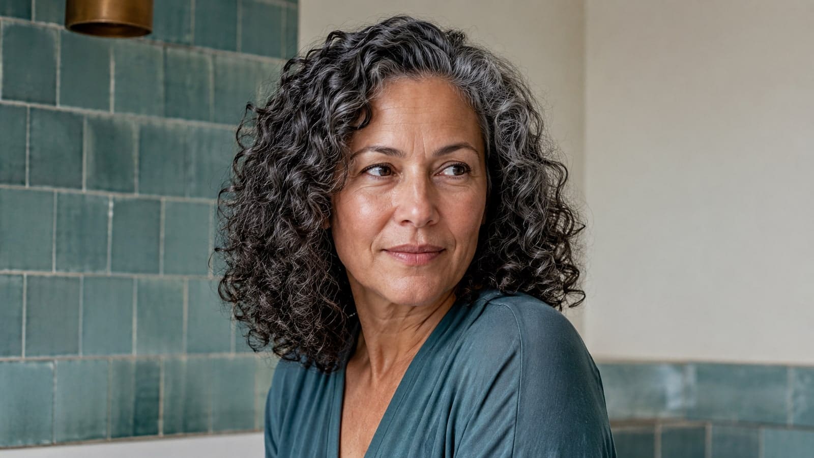 Mature diamond-like face with side-parted salt-and-pepper shoulder curls expanding below the cheekbone area