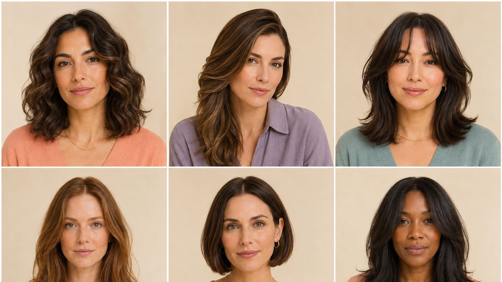 Six-person contact sheet showing cheekbone-level waves, a diagonal side sweep, a curved curtain frame, an open center part, a chin bob perimeter, and long vertical layers