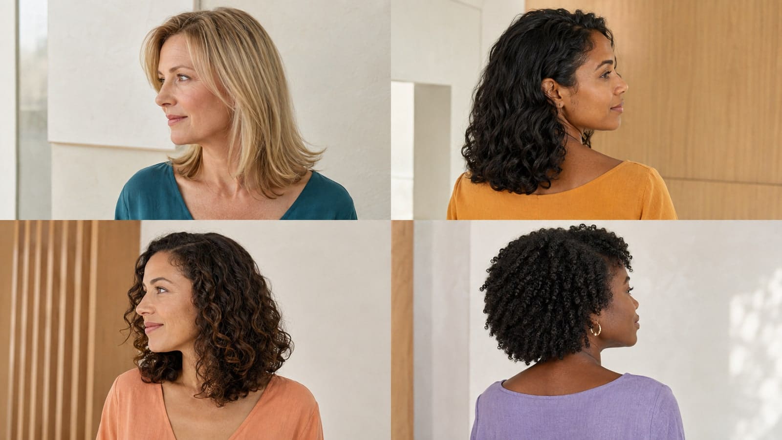 Four adults showing a related curved collarbone frame adapted for fine straight, dense wavy, medium-density curly, and high-shrinkage coily hair