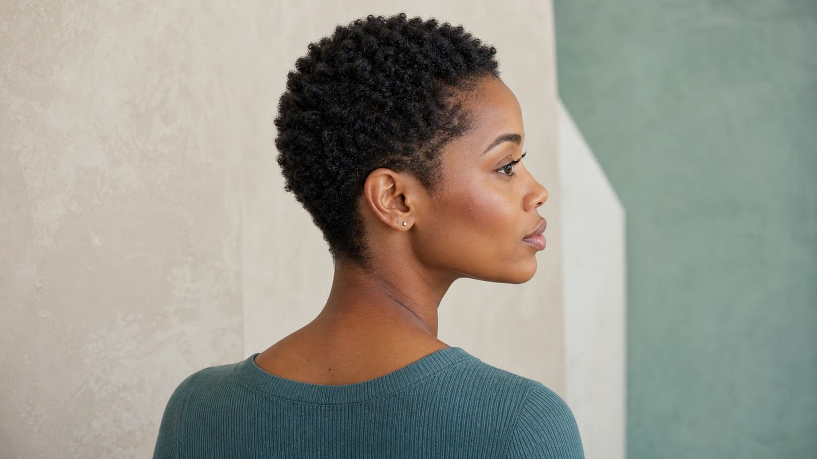 Diamond-like face in profile with an open forehead, dense coily ear-level crop, compact sides, and tapered nape