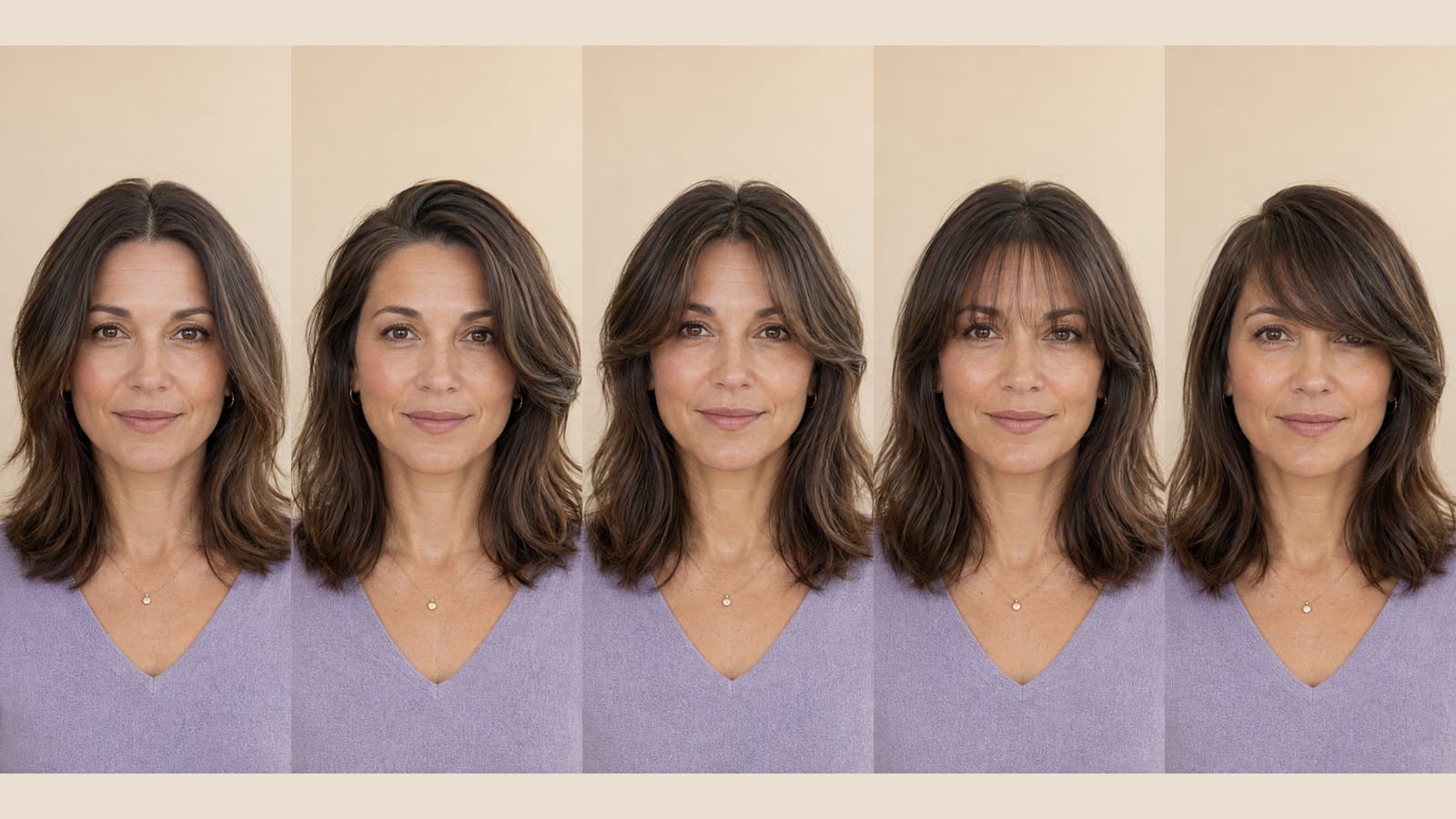 Five controlled portraits of the same adult showing a center part, side part, curtain fringe, wispy fringe, and connected side fringe