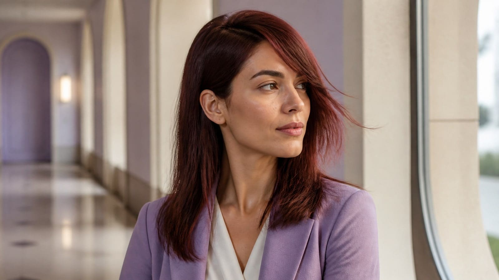 Diamond-like face with deep side part and connected auburn side fringe sweeping diagonally toward the jaw