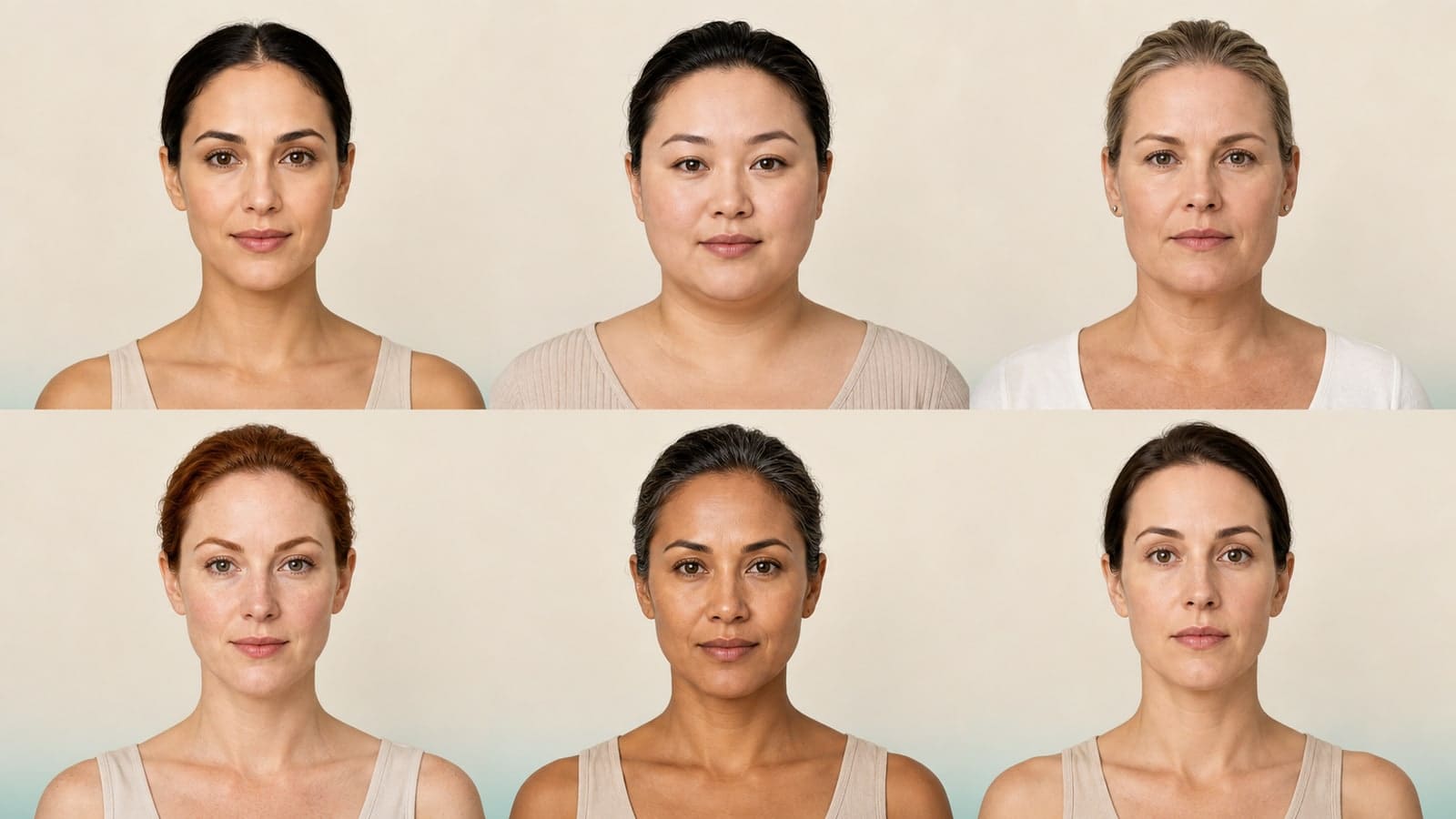 Six different adult women showing oval, round, square, heart, diamond, and oblong face-shape examples in two matched rows