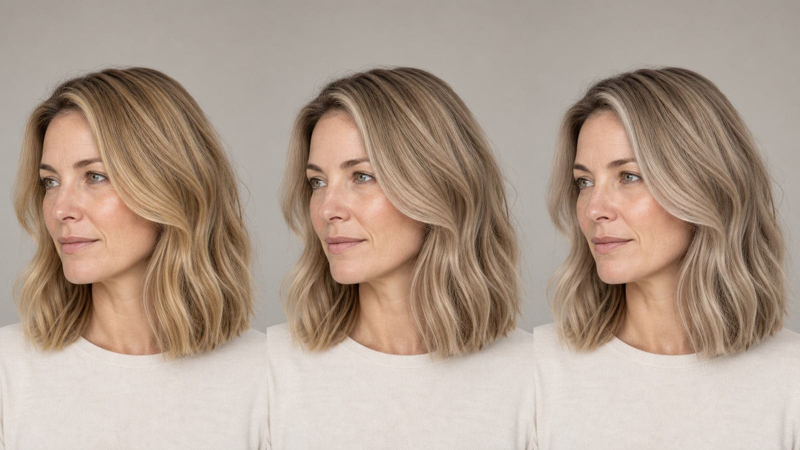 The same fair-skinned adult shown in three matched views with golden-beige, neutral-beige, and cool pearl-beige dark-blonde hair at one depth