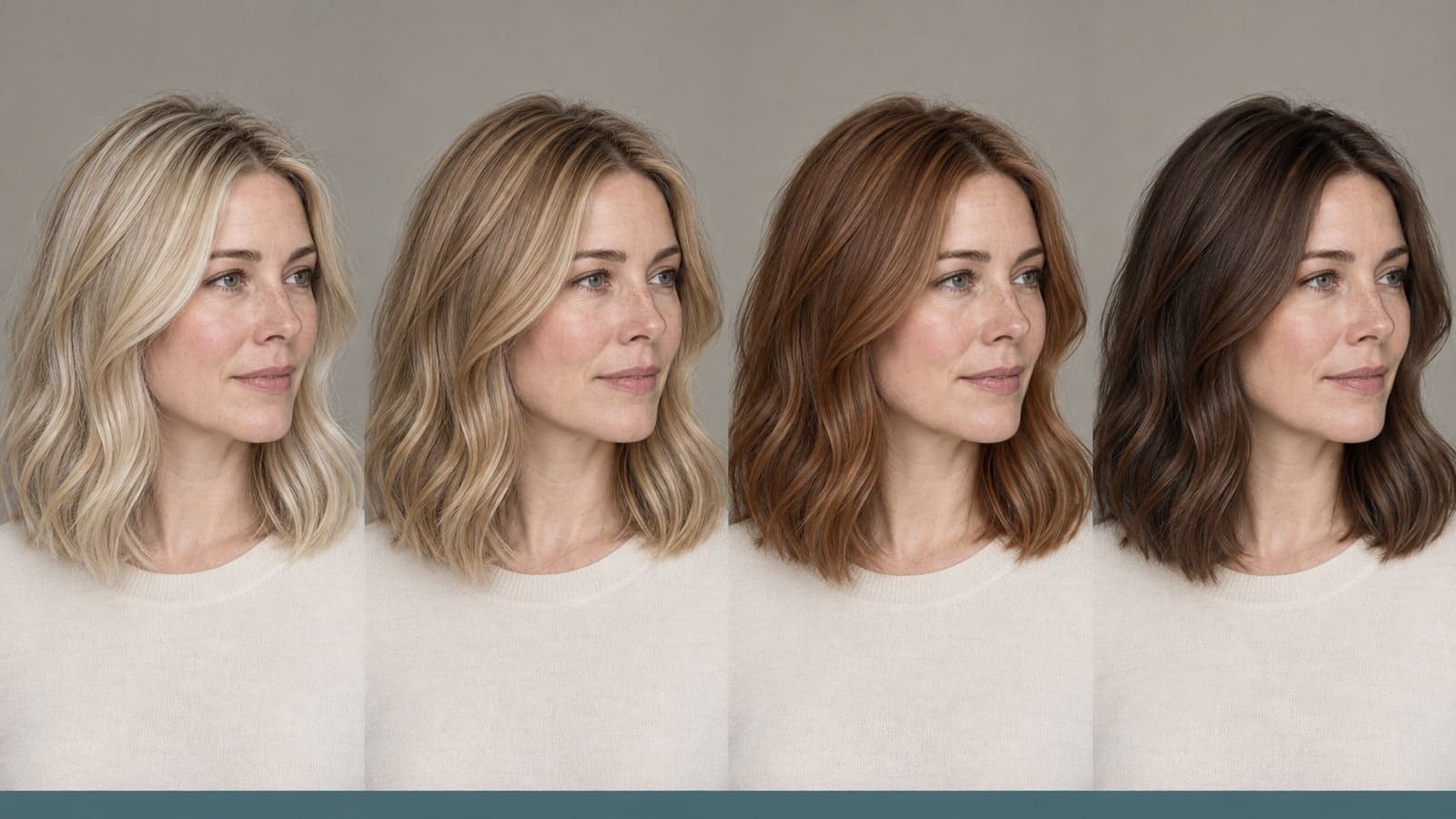 The same fair-skinned adult shown in four matched views with champagne blonde, honey dark blonde, soft neutral auburn, and dark chocolate espresso hair