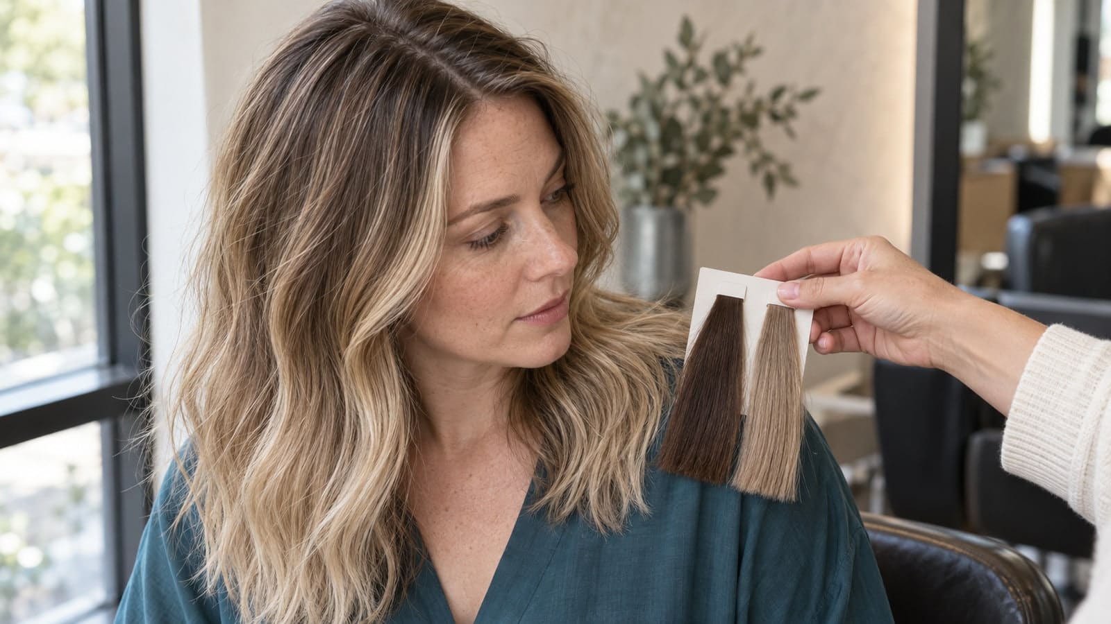 Fair-skinned client with darker roots and light beige ends compares neutral cocoa and cool-beige hair swatches in daylight