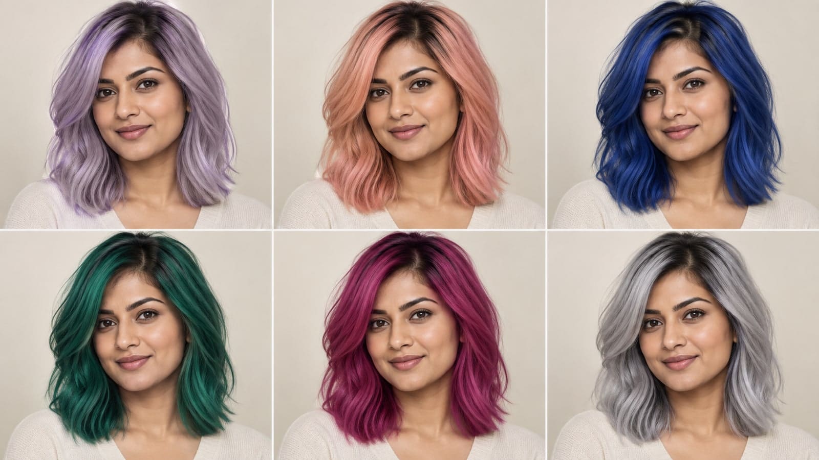 Six matching portraits of one woman with lavender, peach coral, sapphire blue, emerald green, magenta, and silver-smoke hair